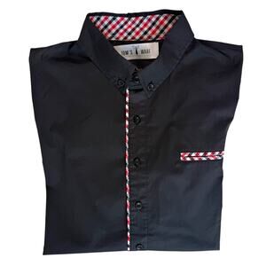 Tom's Ware Black Dress Shirt Mens Large Red White Check Contrast Trim Roll Cuff